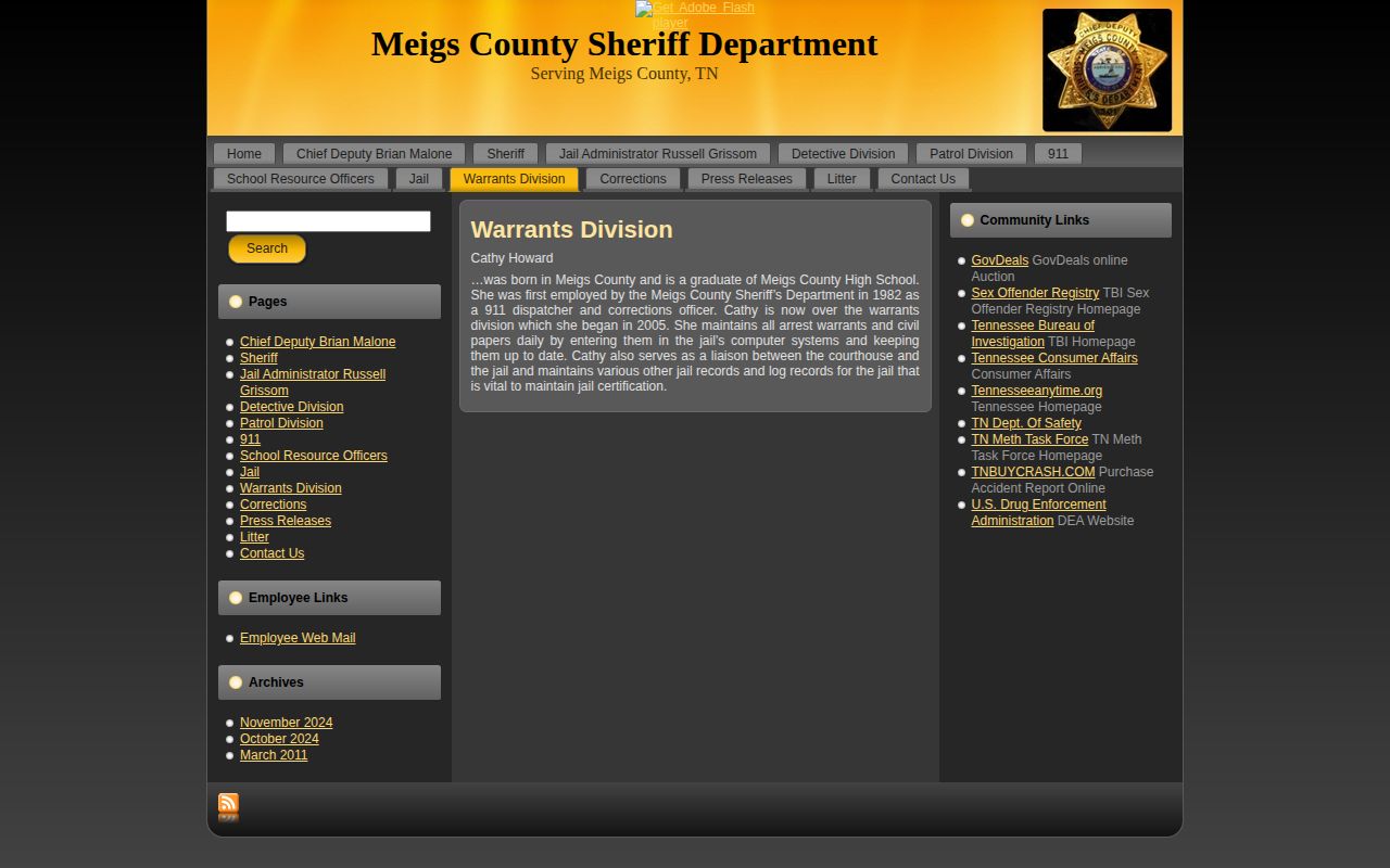 Official Meigs County Sheriff Warrants Division page describing daily warrant maintenance